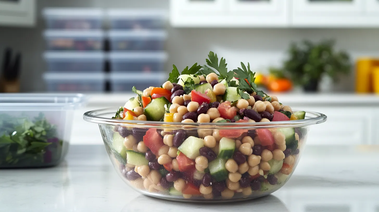 Colorful bean salad in a glass bowl with fresh vegetables.