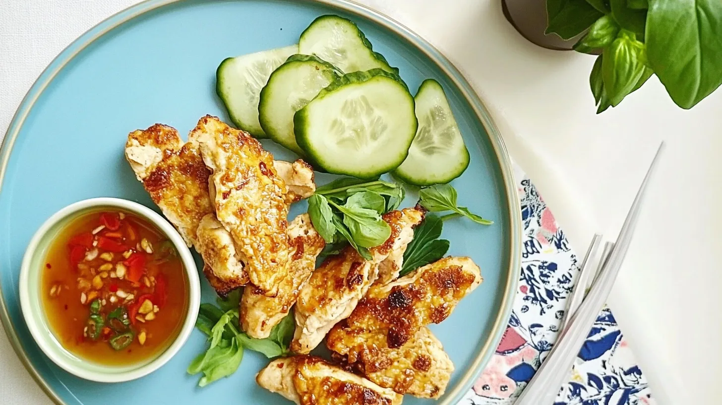 A nutritious carb lunch meal featuring grilled chicken, fresh cucumber slices, leafy greens, and a flavorful dipping sauce on a blue plate.