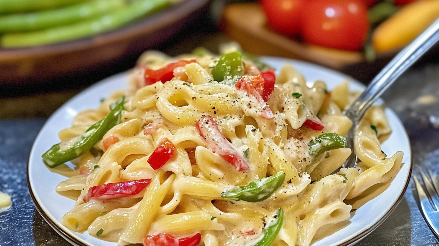 A bowl of rattlesnake pasta with creamy sauce, grilled chicken, jalapeños, and parmesan cheese, garnished with fresh herbs.