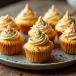 Air Fryer Cupcakes: Quick, Easy, and Delicious Treats 6 Freshly baked air fryer cupcakes with frosting and sprinkles.