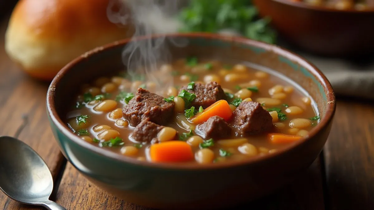 A bowl of homemade Beef Barley Soup with beef, barley, and vegetables.