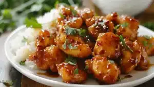 Delicious honey pepper chicken with a glossy glaze, served with steamed rice and fresh herbs.